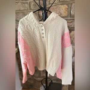 (NWOT)POL Cream Knit Hoodie Medium — Cable Knit + Pink Lace Sleeves